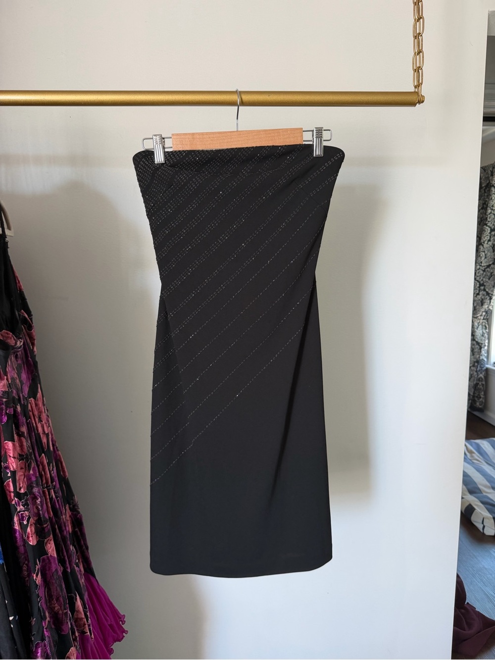 Black Strapless Midi dress with Diagonal Beaded Detail